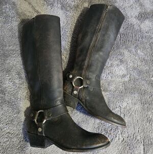 Frye Carson Harness Tall Boots Sz 8.5M  Black/Brown Distressed Leather Worn Once